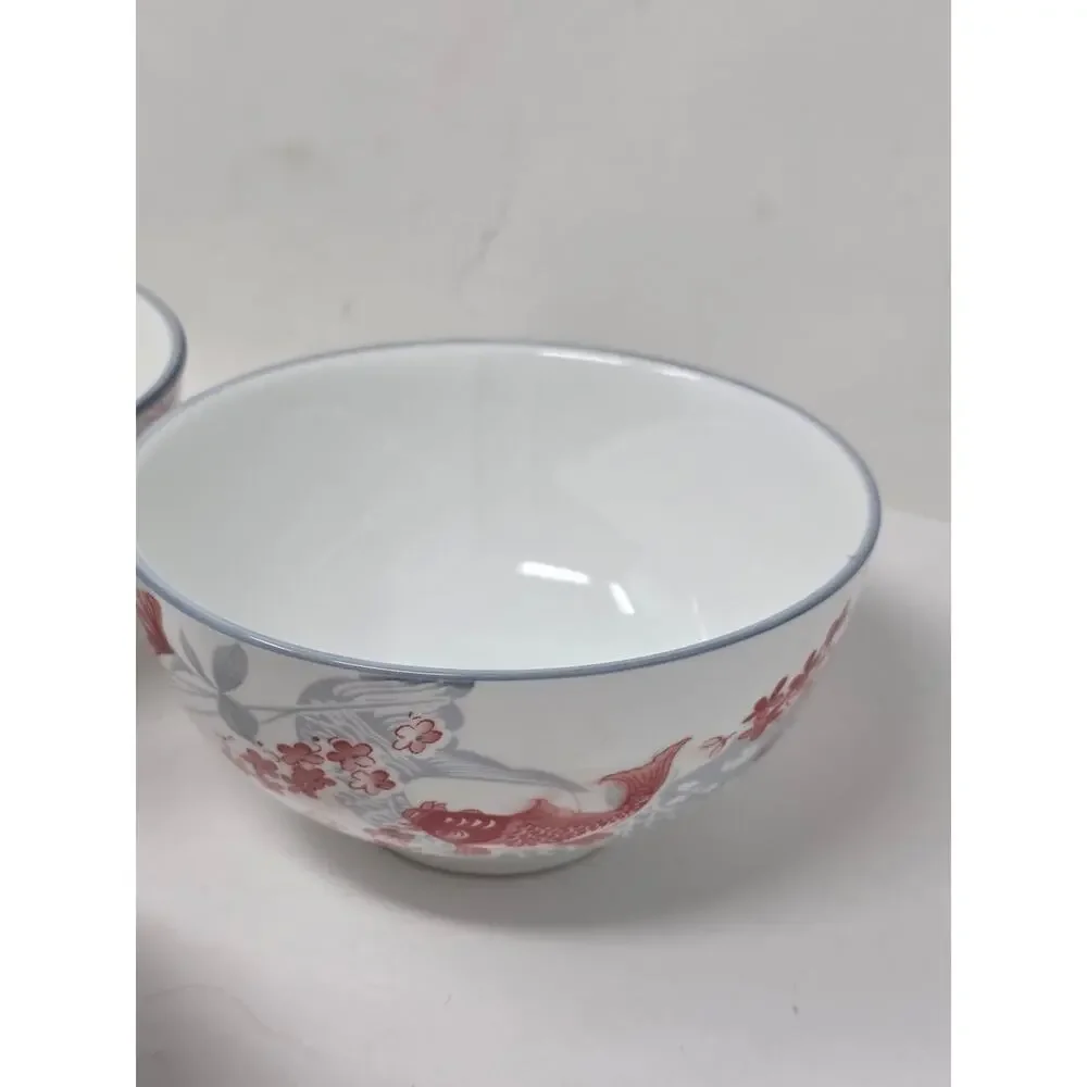 SF Marked glazed Porcelain Bowls with Red Floral&Fish Motif Japanese Set of 3